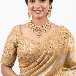 Ivory Golden Tissue Saree Embellished With Sequins & Moti Work