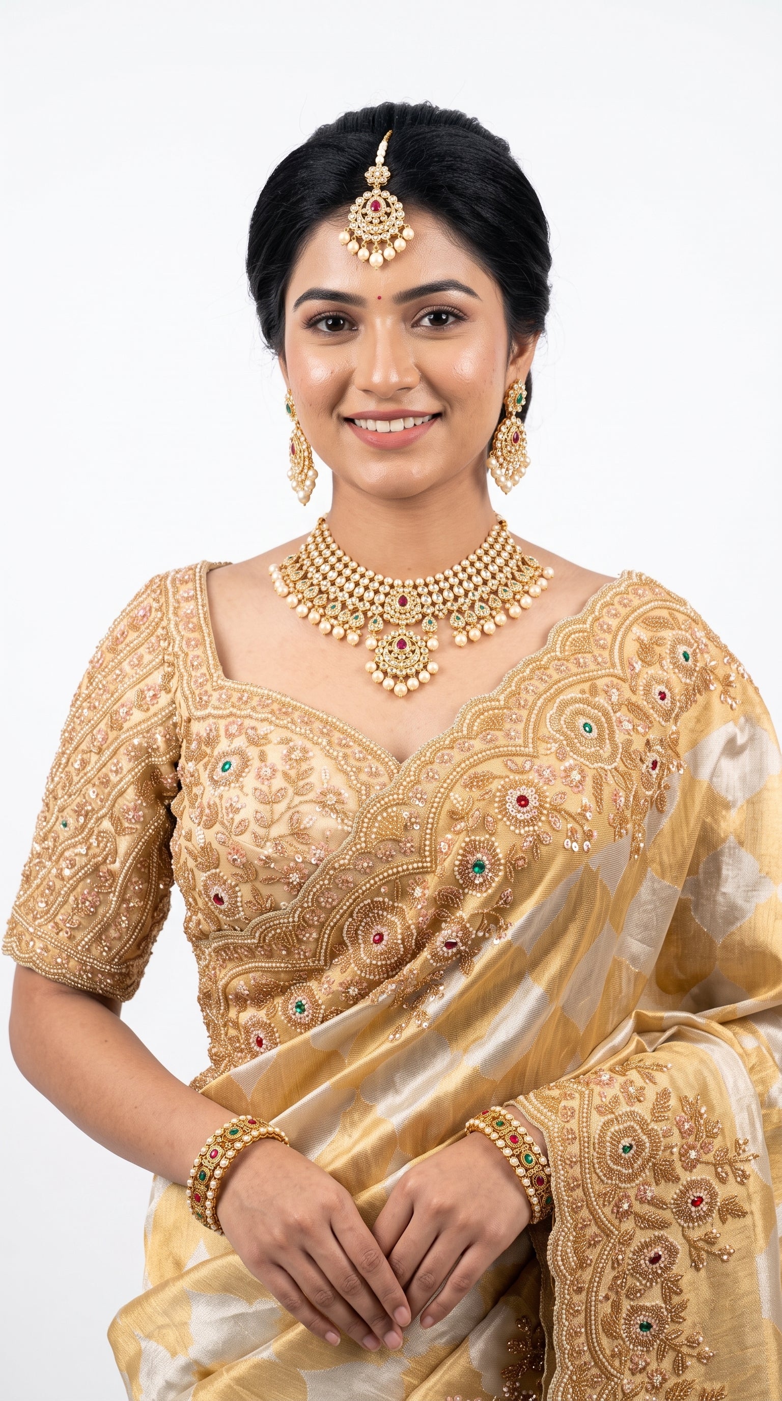 Ivory Golden Tissue Saree Embellished With Sequins & Moti Work
