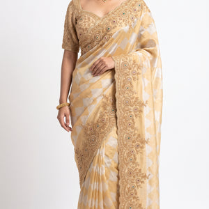 Ivory Golden Tissue Saree Embellished With Sequins & Moti Work