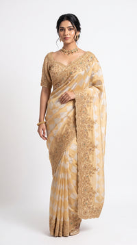 Ivory Golden Tissue Saree Embellished With Sequins & Moti Work