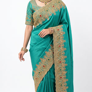 Turquoise Brocade Saree Embellished With Cut Dana, Stone, Sequins & Moti Work