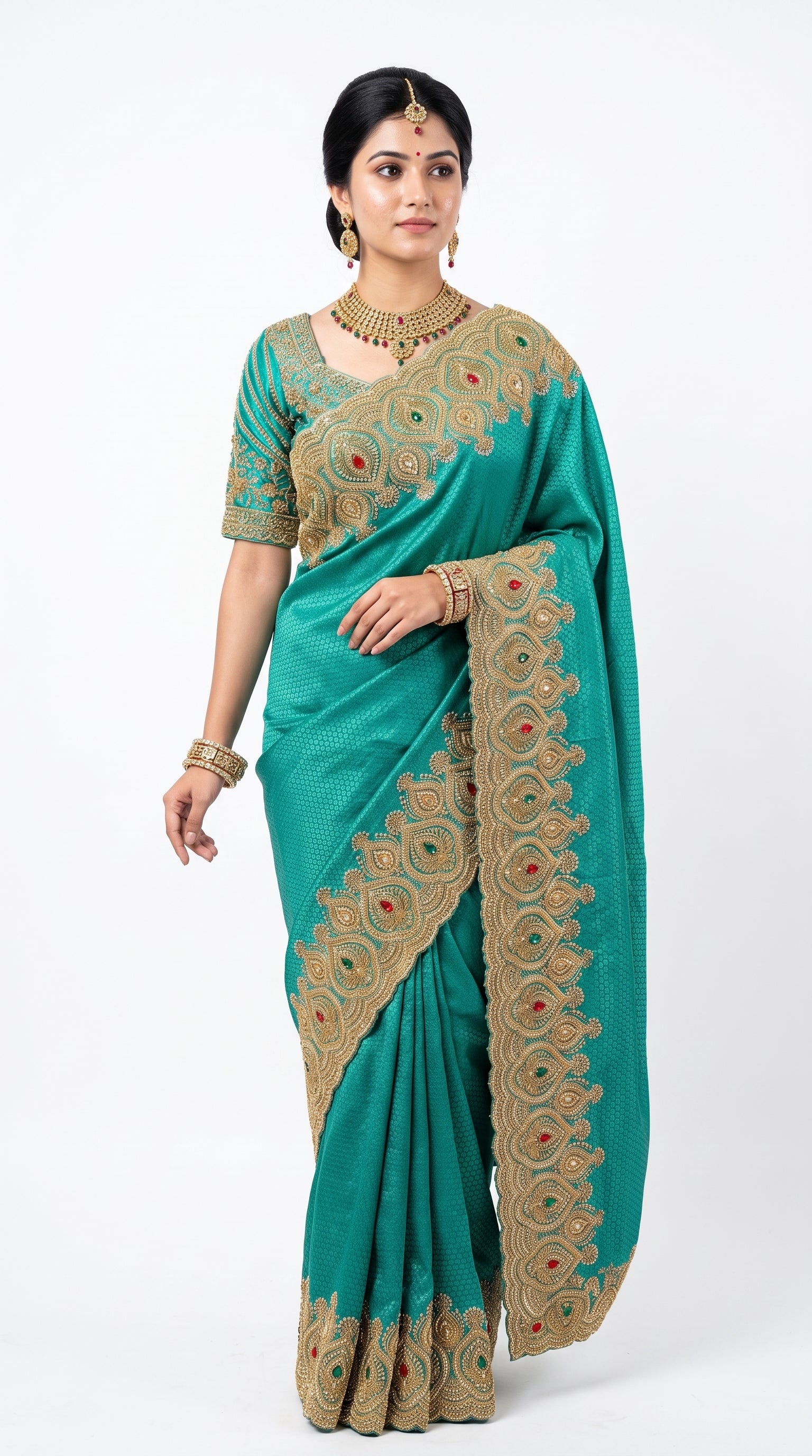 Turquoise Brocade Saree Embellished With Cut Dana, Stone, Sequins & Moti Work