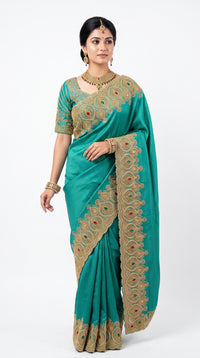 Turquoise Brocade Saree Embellished With Cut Dana, Stone, Sequins & Moti Work
