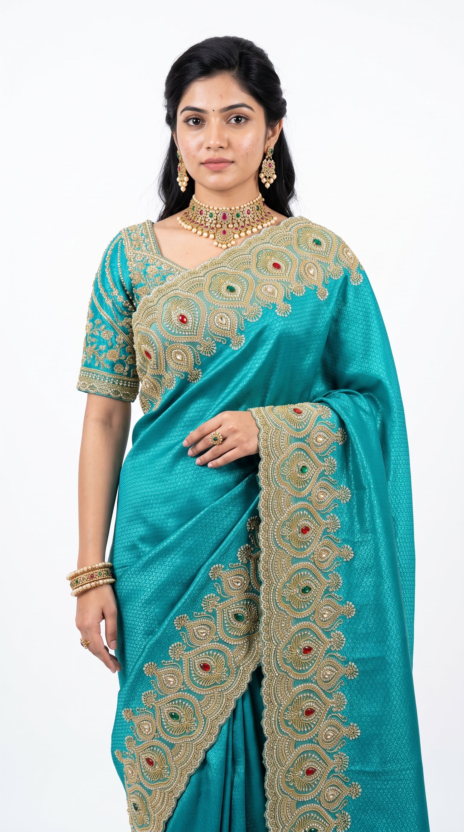 Turquoise Brocade Saree Embellished With Cut Dana, Stone, Sequins & Moti Work