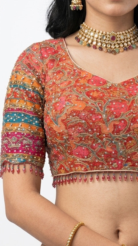 Multicolour Chinon Saree Embellished With Chandala & Zari Work