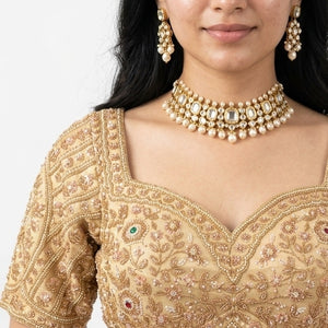 Ivory Golden Tissue Saree Embellished With Sequins & Moti Work
