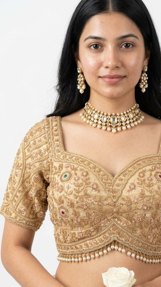 Ivory Golden Tissue Saree Embellished With Sequins & Moti Work