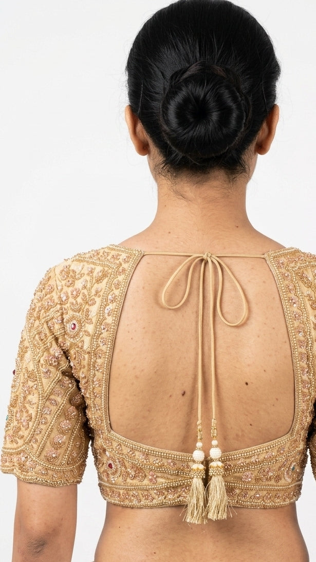 Ivory Golden Tissue Saree Embellished With Sequins & Moti Work