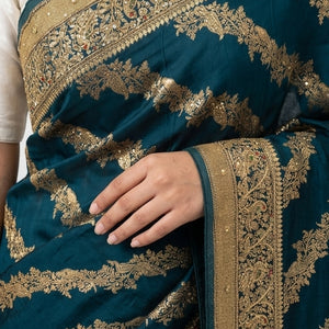 Peacock Green Blended Silk Unstitched Saree With Cut Dana & Sequins Work