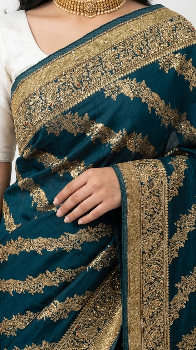 Peacock Green Blended Silk Unstitched Saree With Cut Dana & Sequins Work