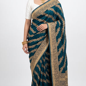 Peacock Green Blended Silk Unstitched Saree With Cut Dana & Sequins Work