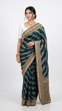 Peacock Green Blended Silk Unstitched Saree With Cut Dana & Sequins Work