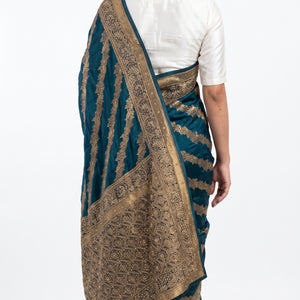 Peacock Green Blended Silk Unstitched Saree With Cut Dana & Sequins Work