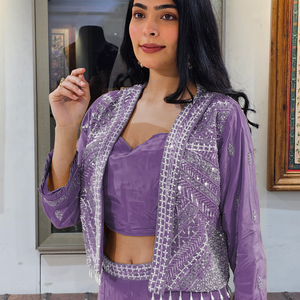 Lavender Crepe Indowestern 3 Piece with Cutdana and Pearl Work