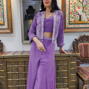 Lavender Crepe Indowestern 3 Piece with Cutdana and Pearl Work