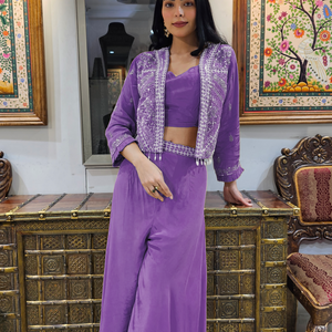 Lavender Crepe Indowestern 3 Piece with Cutdana and Pearl Work
