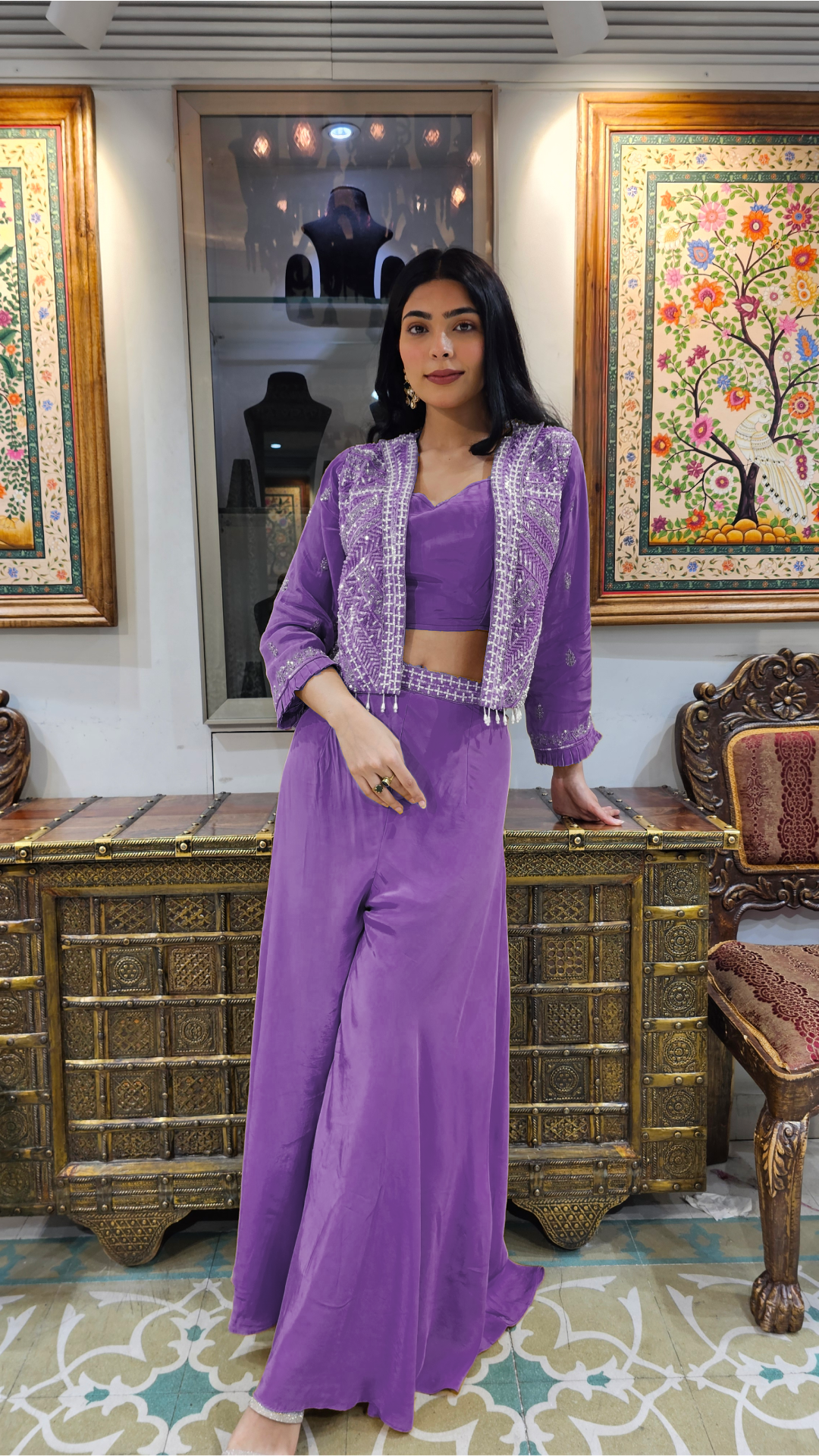 Lavender Crepe Indowestern 3 Piece with Cutdana and Pearl Work