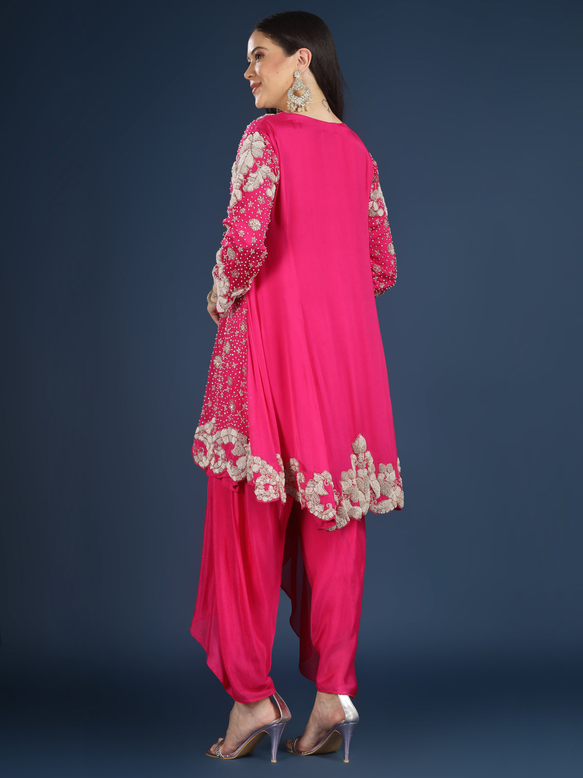 Pink Chinon Indo Western with Cutdana, Sequins and Pearl Embroidery