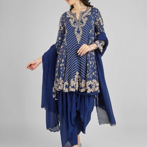 Navy Blue Chinon Indo Western with Cutdana, Sequins and Pearl Embroidery