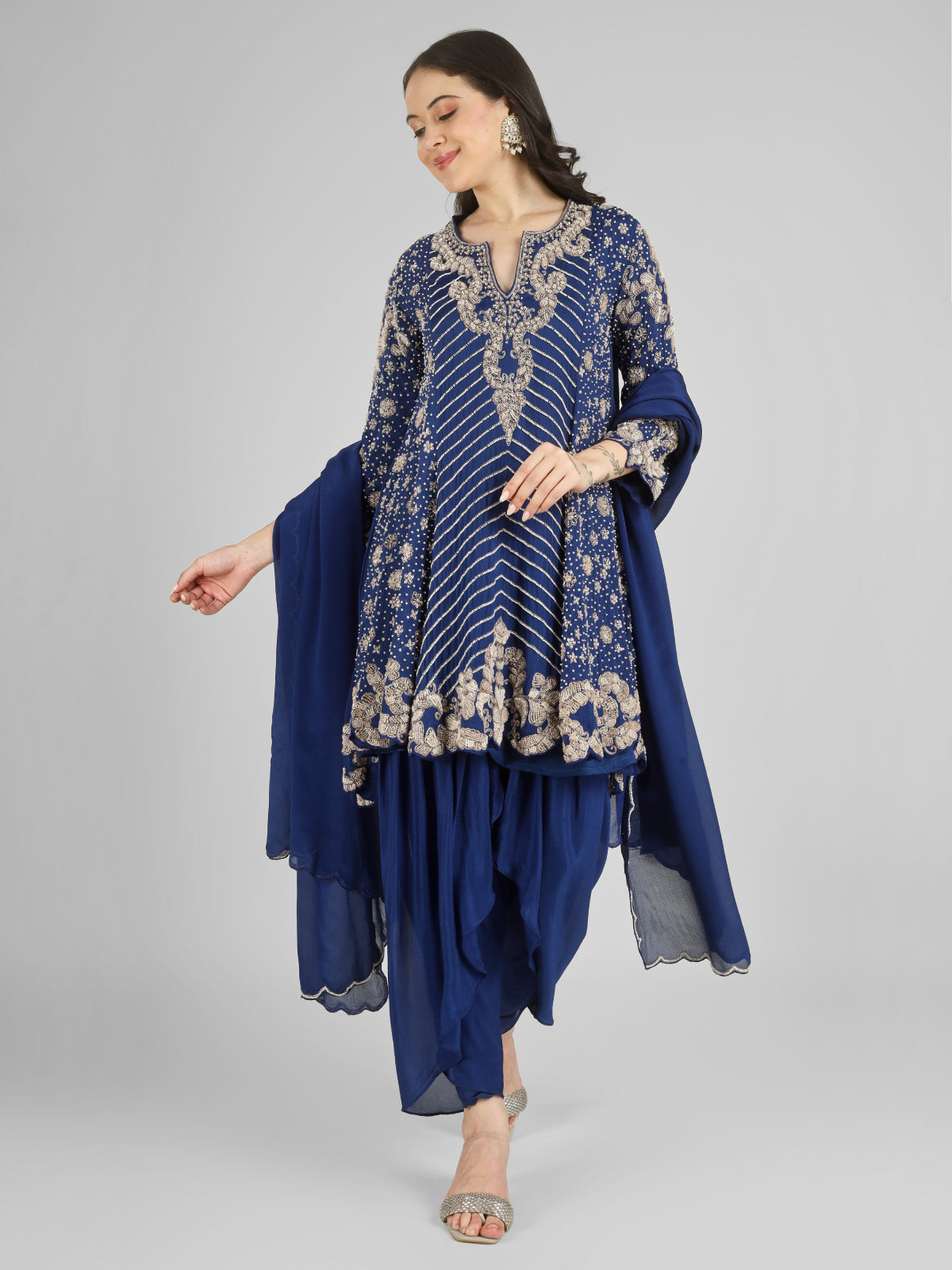 Navy Blue Chinon Indo Western with Cutdana, Sequins and Pearl Embroidery