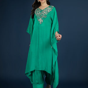 Green Chinon Indo Western with Moti, Cutdana & Sequins Work
