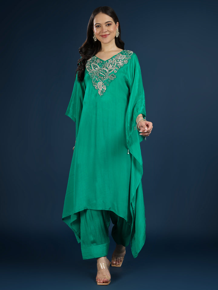 Green Chinon Indo Western with Moti, Cutdana & Sequins Work