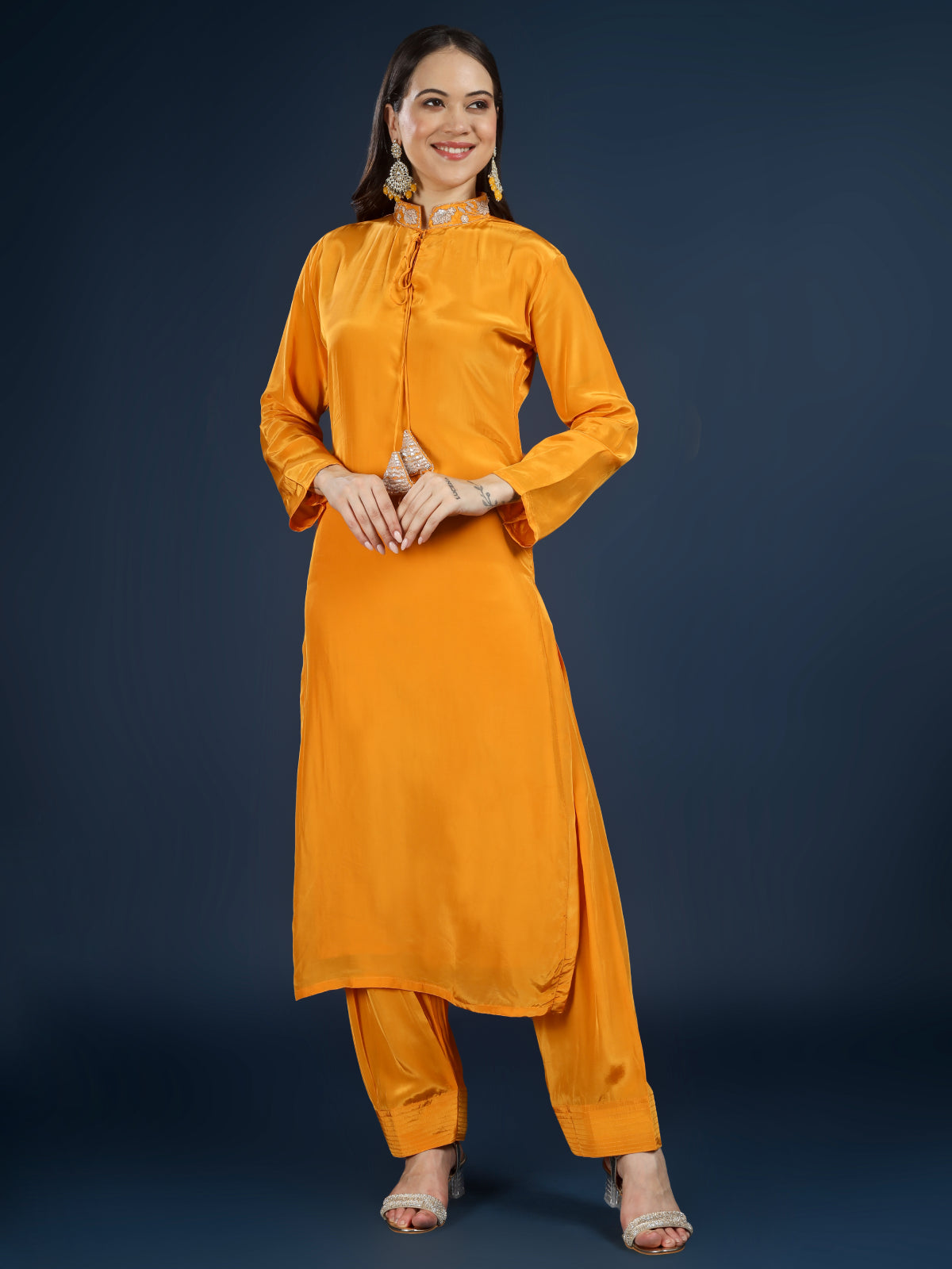 Mustard Crepe Indo Western with Cutdana & Sequins Work