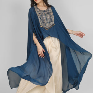 Blue Chinon Indo Western with Cutdana and Sequins Embroidery