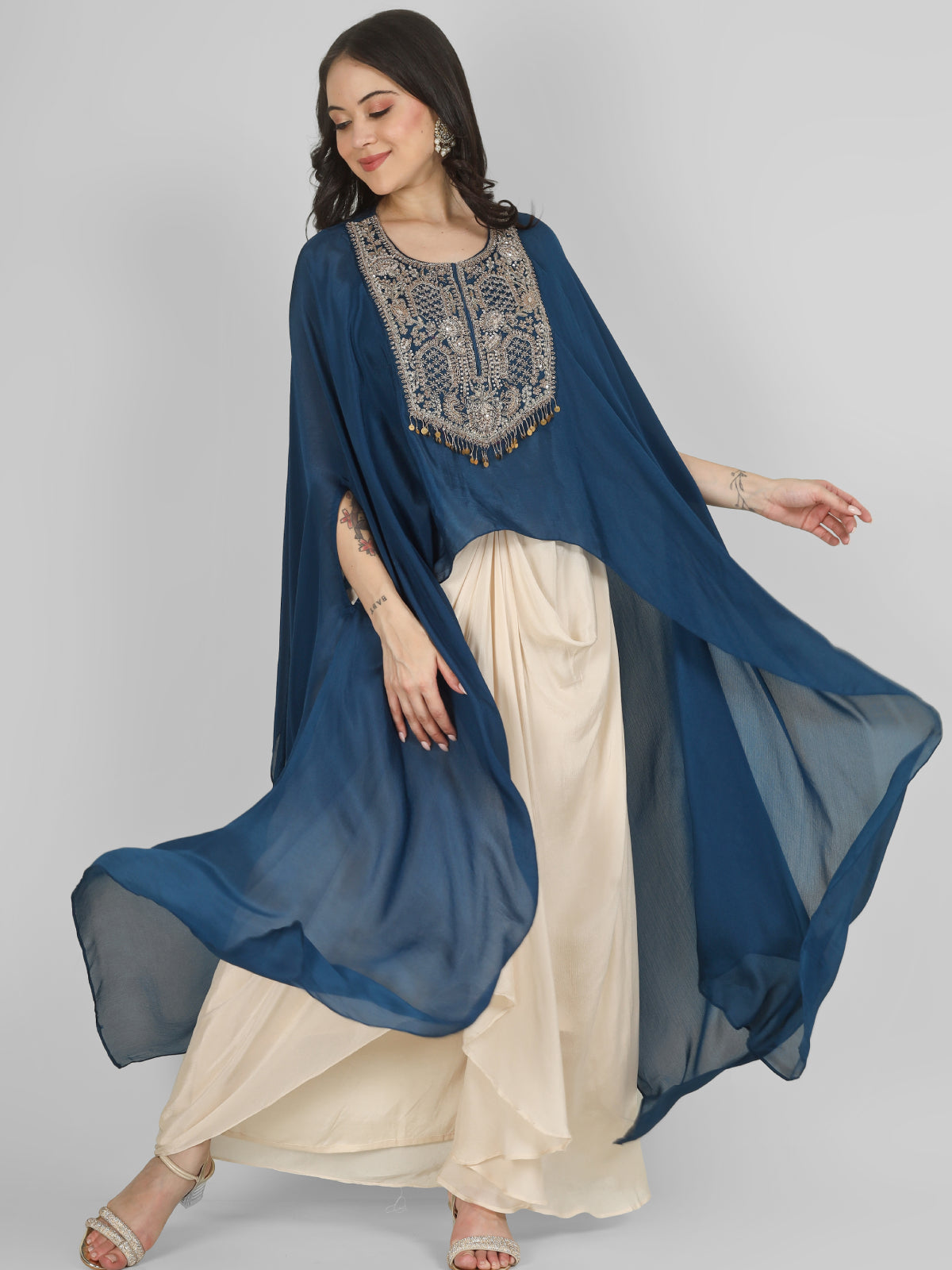 Blue Chinon Indo Western with Cutdana and Sequins Embroidery