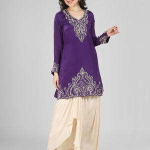 Purple Chinon Dhoti Suit Set with Cutdana, Sequins, Pearl and Dabka Embroidery