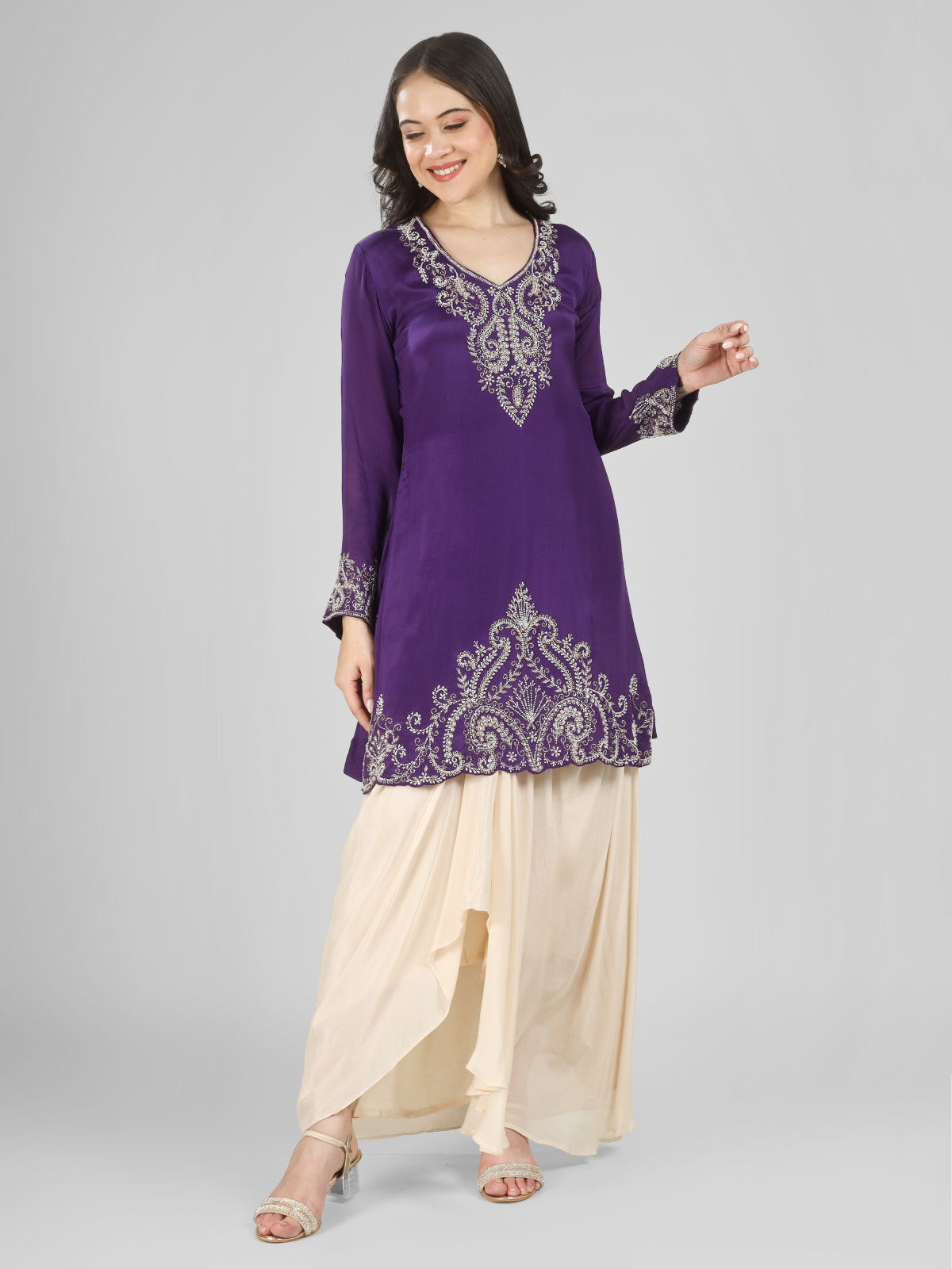 Purple Chinon Dhoti Suit Set with Cutdana, Sequins, Pearl and Dabka Embroidery