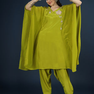 Green Crepe Indo Western with Cutdana, Sequins and Pearl Embroidery