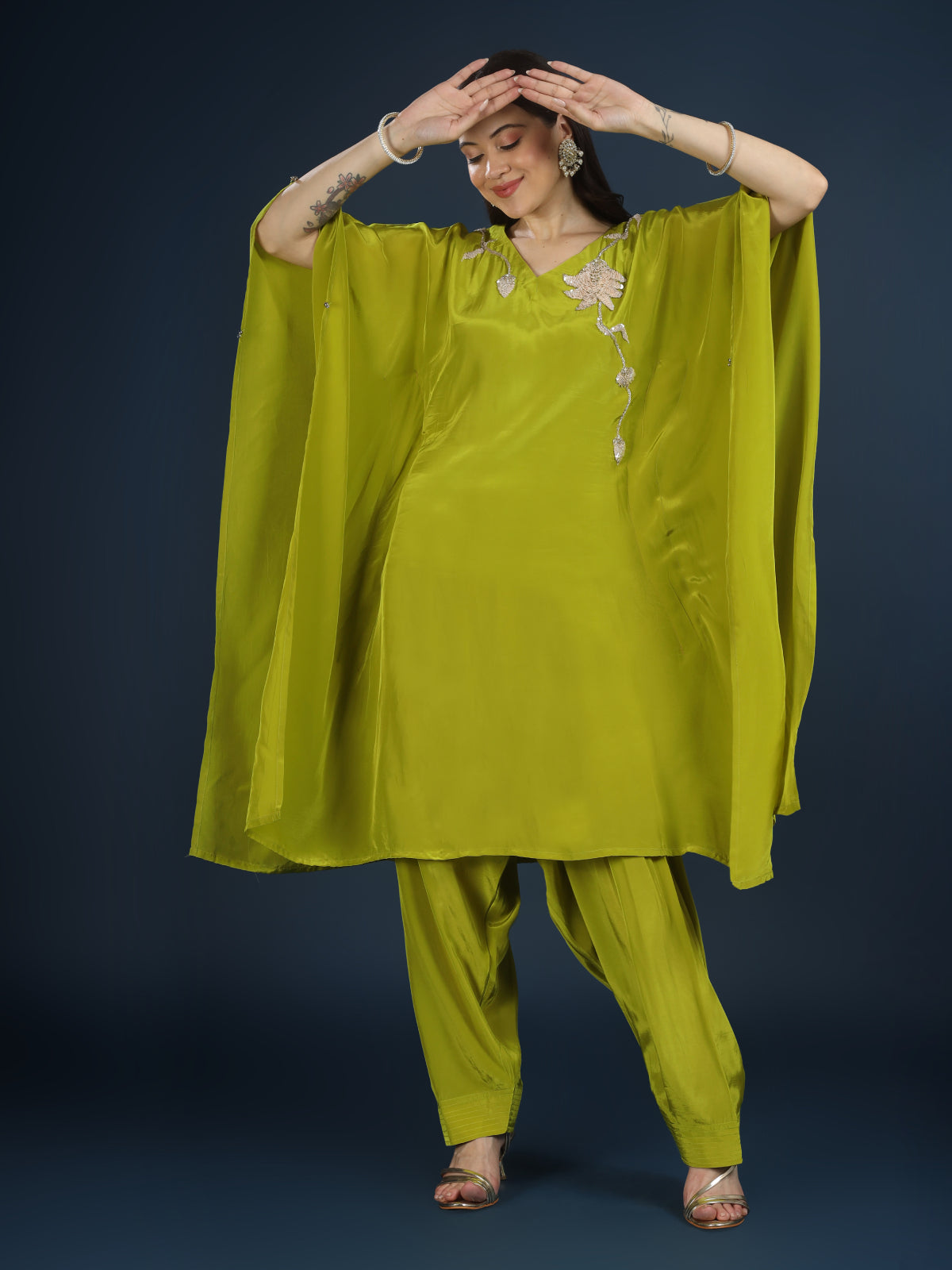 Green Crepe Indo Western with Cutdana, Sequins and Pearl Embroidery