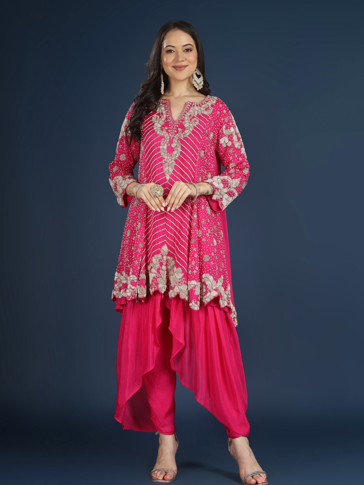 Pink Chinon Indo Western with Cutdana, Sequins and Pearl Embroidery