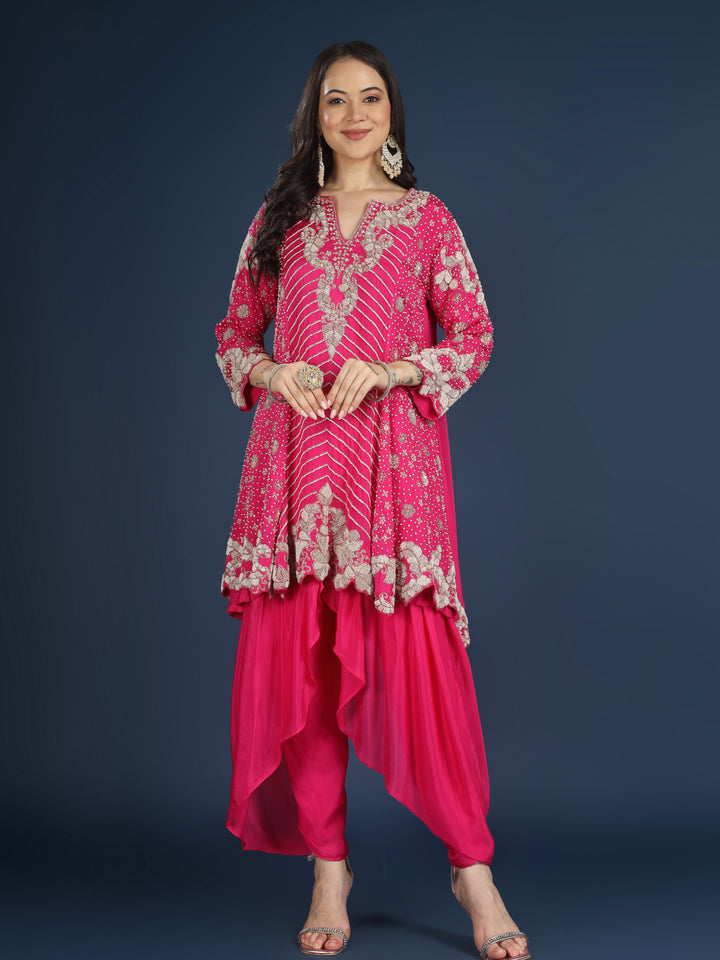 Pink Chinon Indo Western with Cutdana, Sequins and Pearl Embroidery