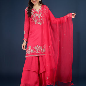 Red Chinon Palazzo Suit Set with Cutdana and Sequins Embroidery