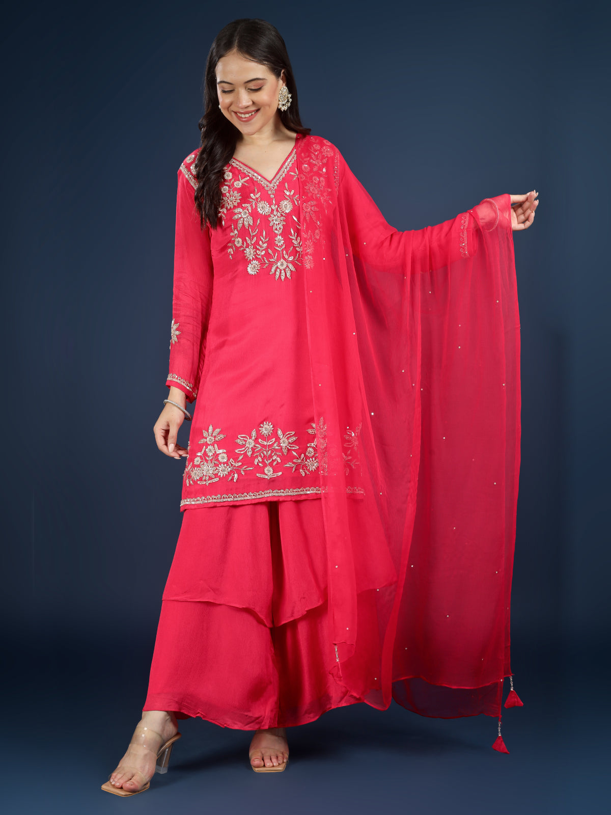 Red Chinon Palazzo Suit Set with Cutdana and Sequins Embroidery