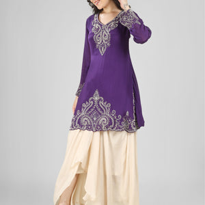 Purple Chinon Dhoti Suit Set with Cutdana, Sequins, Pearl and Dabka Embroidery