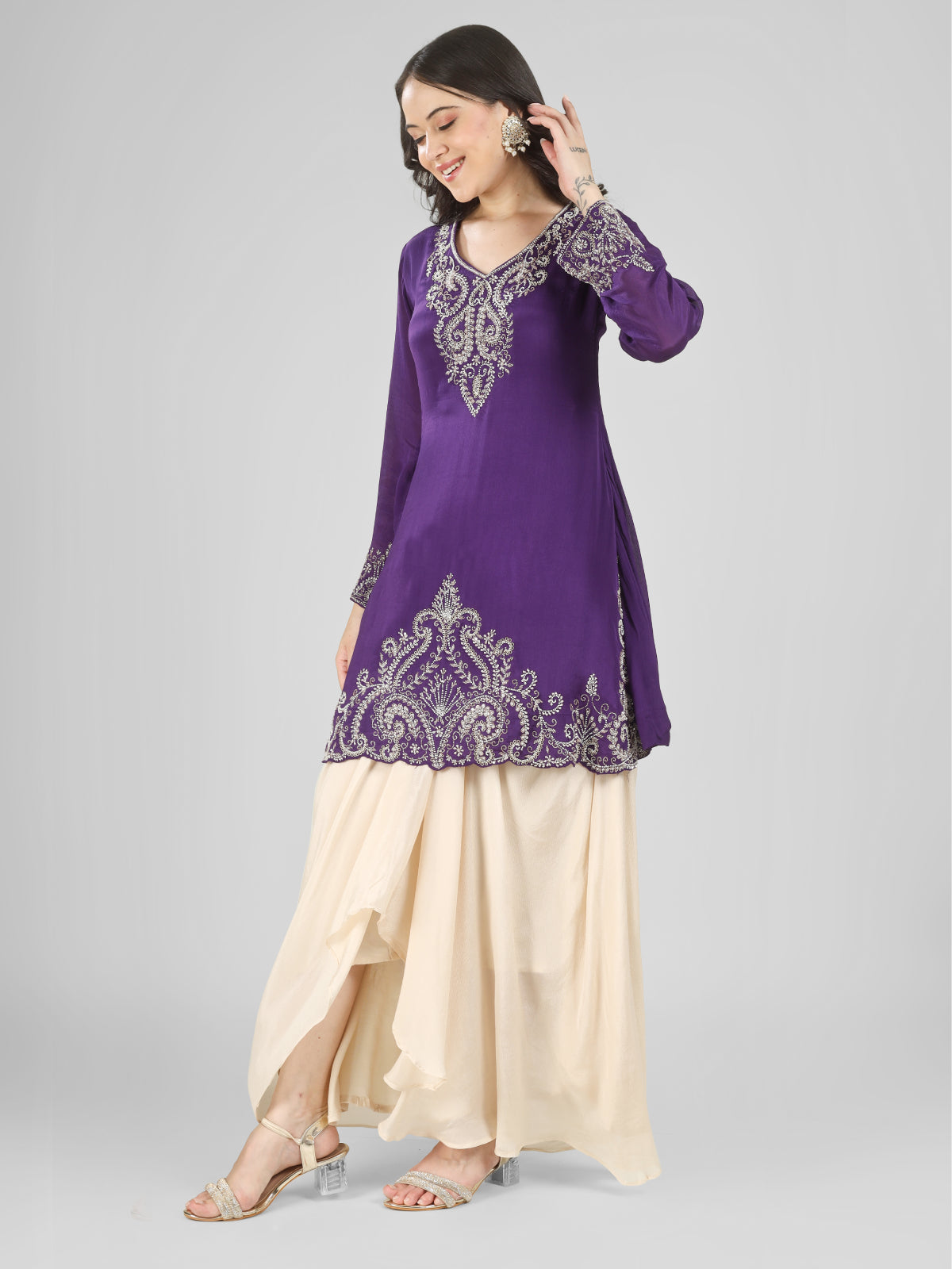 Purple Chinon Dhoti Suit Set with Cutdana, Sequins, Pearl and Dabka Embroidery
