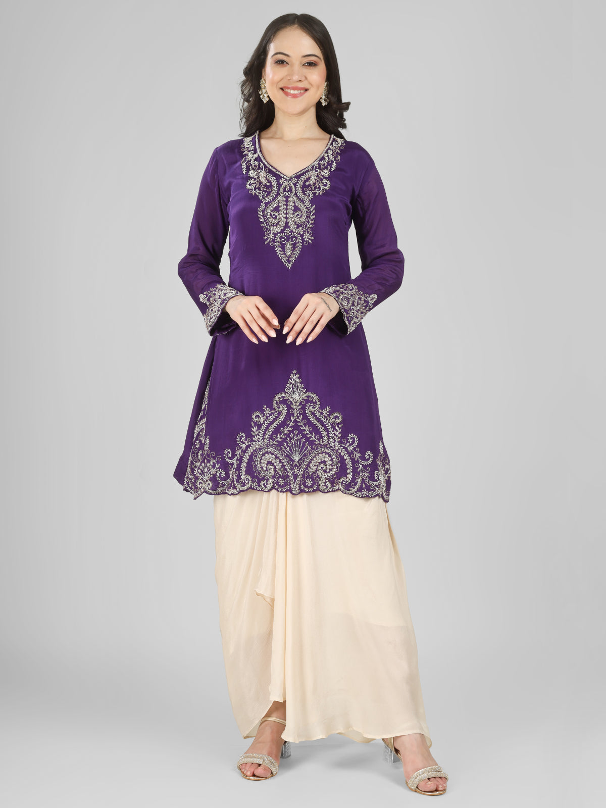 Purple Chinon Dhoti Suit Set with Cutdana, Sequins, Pearl and Dabka Embroidery