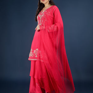 Red Chinon Palazzo Suit Set with Cutdana and Sequins Embroidery