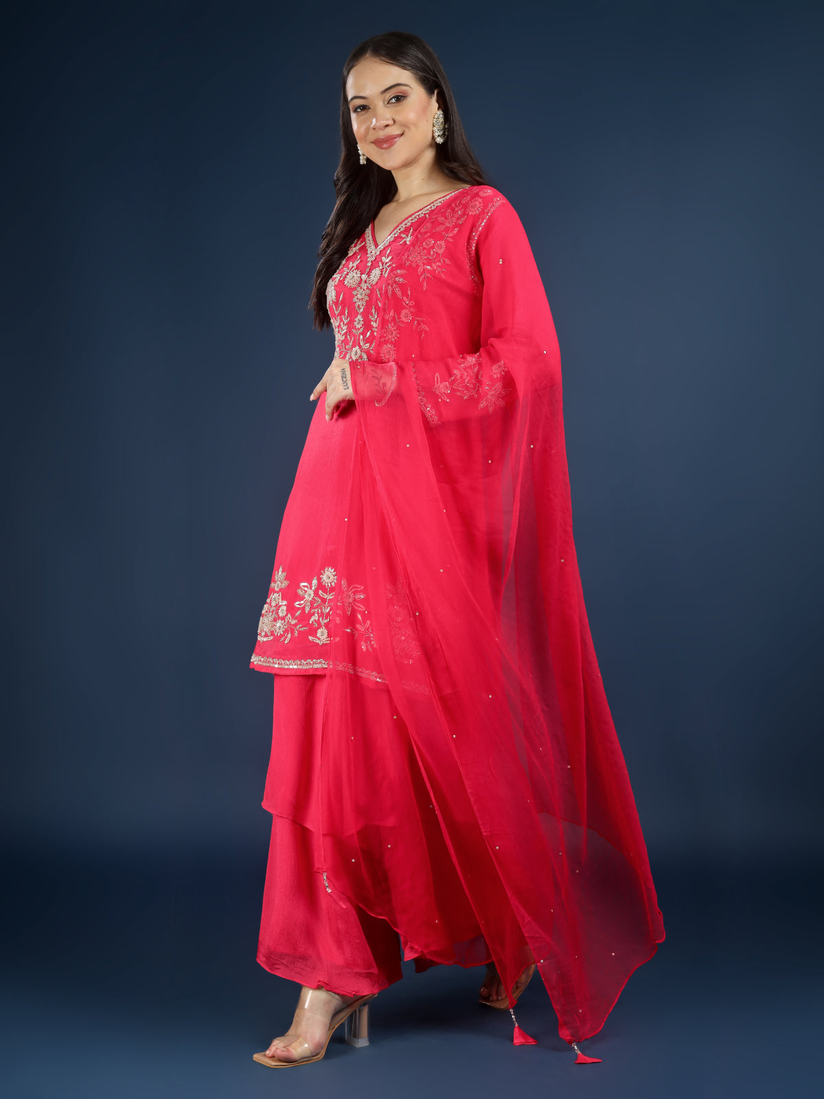 Red Chinon Palazzo Suit Set with Cutdana and Sequins Embroidery