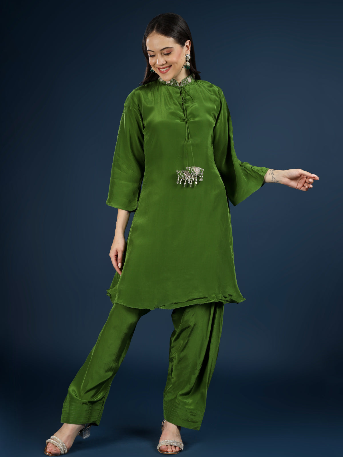 Green Crepe Indo Western with Cutdana & Sequins Work