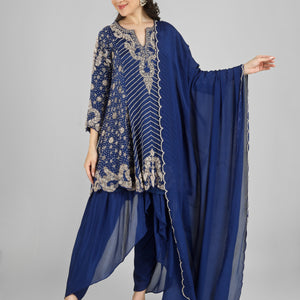 Navy Blue Chinon Indo Western with Cutdana, Sequins and Pearl Embroidery