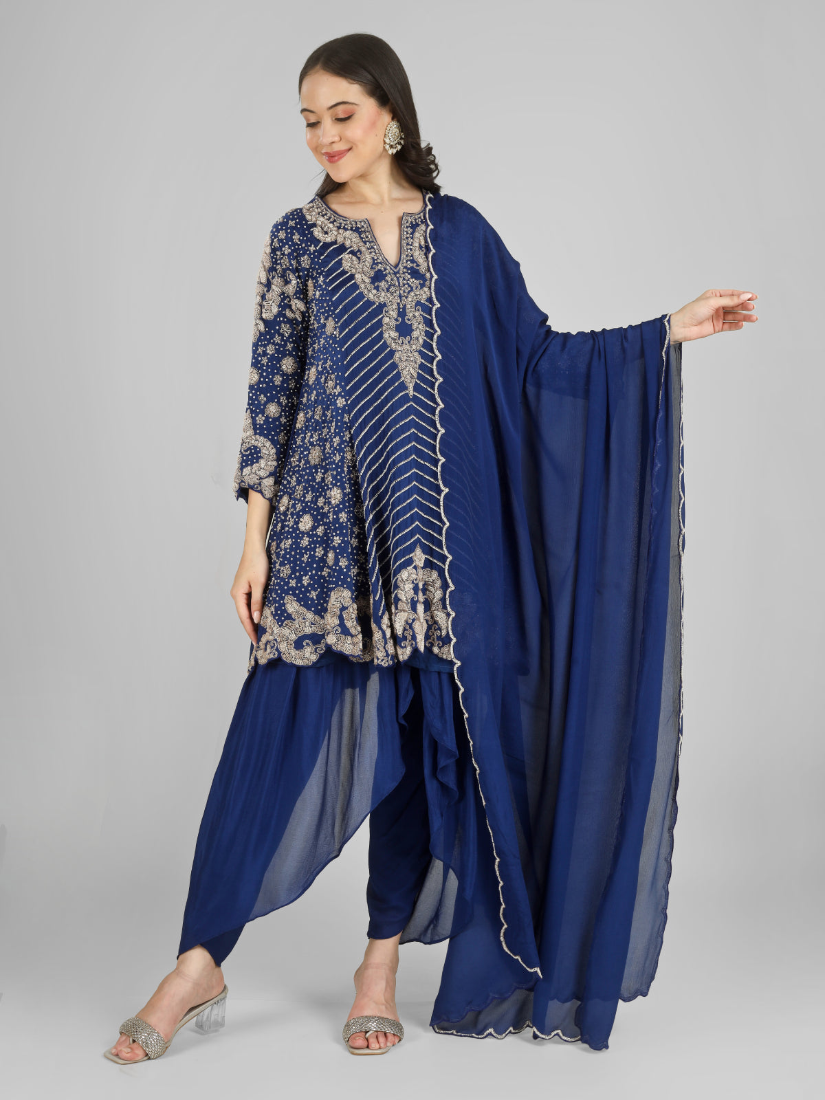 Navy Blue Chinon Indo Western with Cutdana, Sequins and Pearl Embroidery