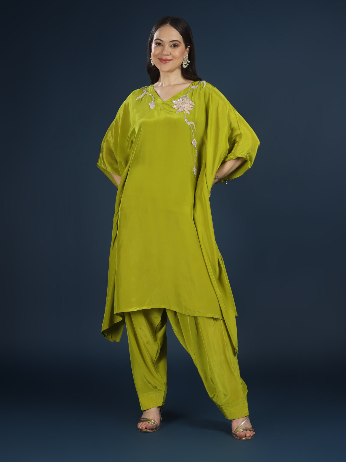 Green Crepe Indo Western with Cutdana, Sequins and Pearl Embroidery