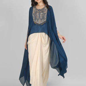 Blue Chinon Indo Western with Cutdana and Sequins Embroidery