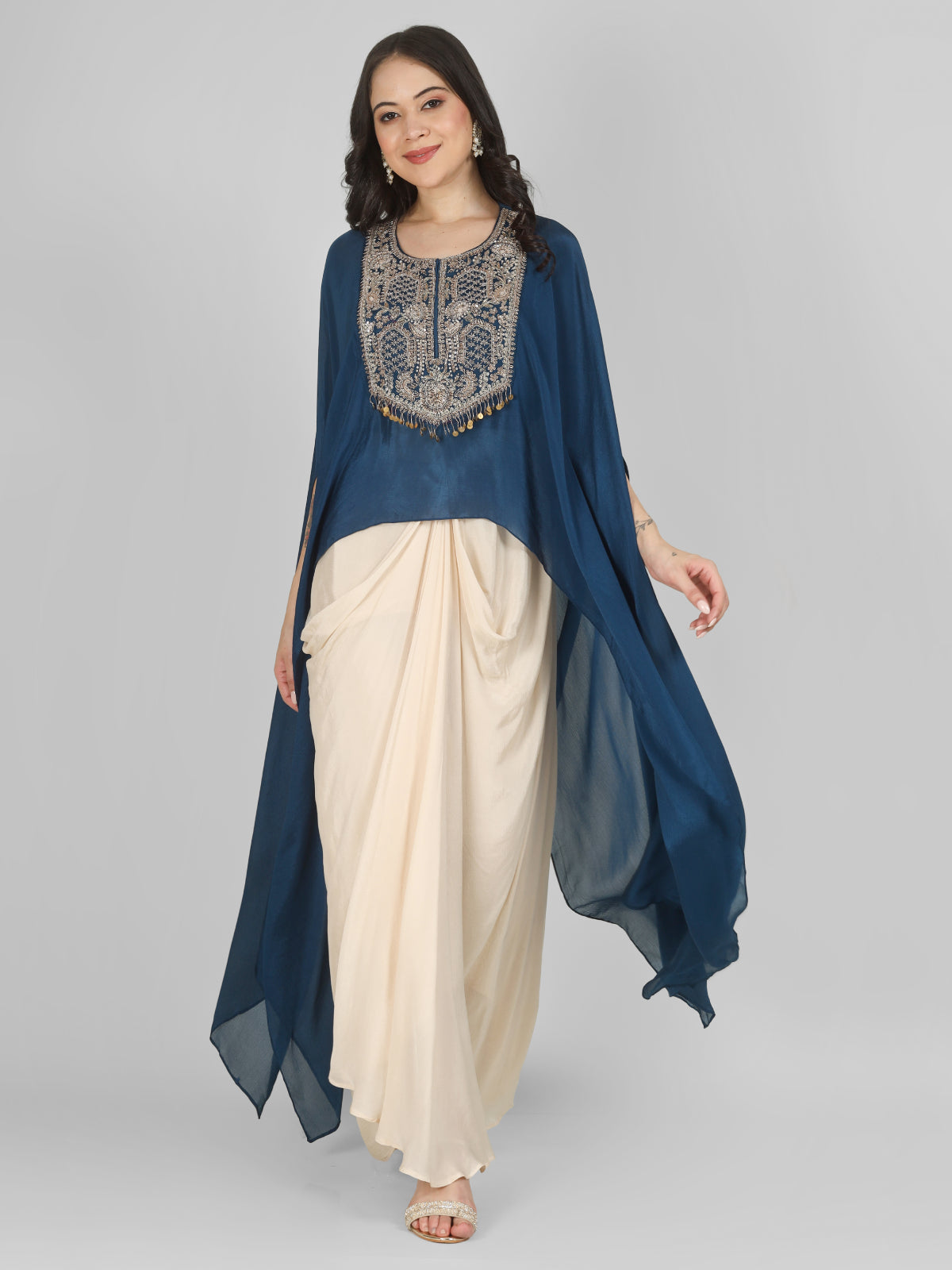 Blue Chinon Indo Western with Cutdana and Sequins Embroidery