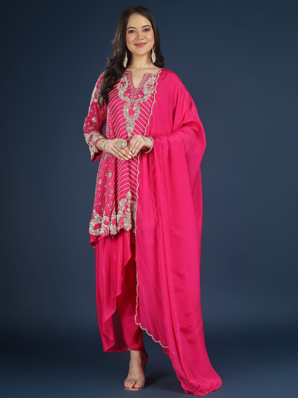 Pink Chinon Indo Western with Cutdana, Sequins and Pearl Embroidery