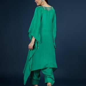 Green Chinon Indo Western with Moti, Cutdana & Sequins Work